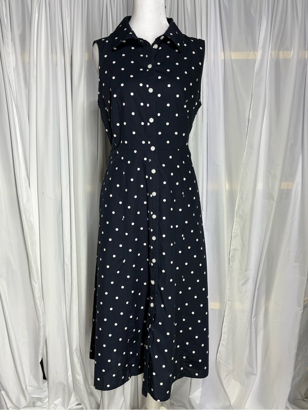 Tommy Hilfiger Womens Navy Polka Dot Sleeveless Collared Shirt Dress Belt Size10